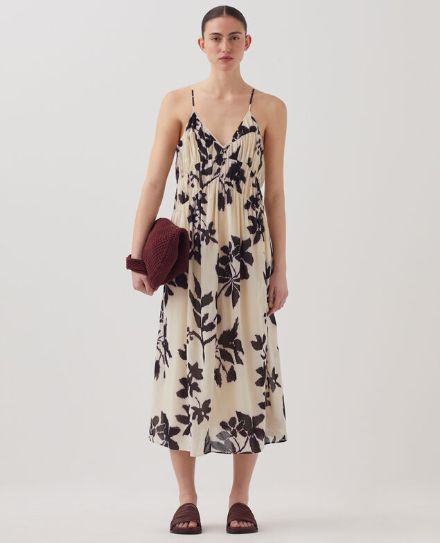Cotton voile silky strappy maxi dress J304 blurry fl ecru