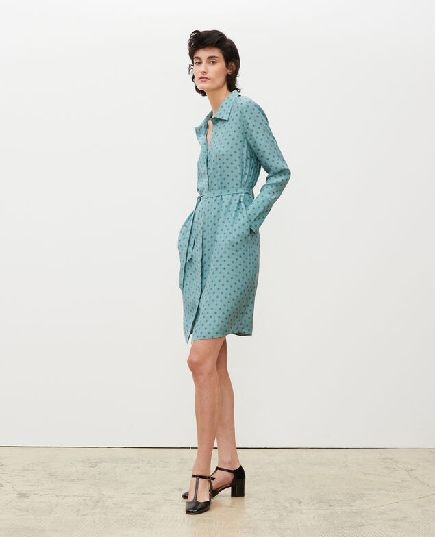 Silk shirt dress with belt Print mosaique treillis