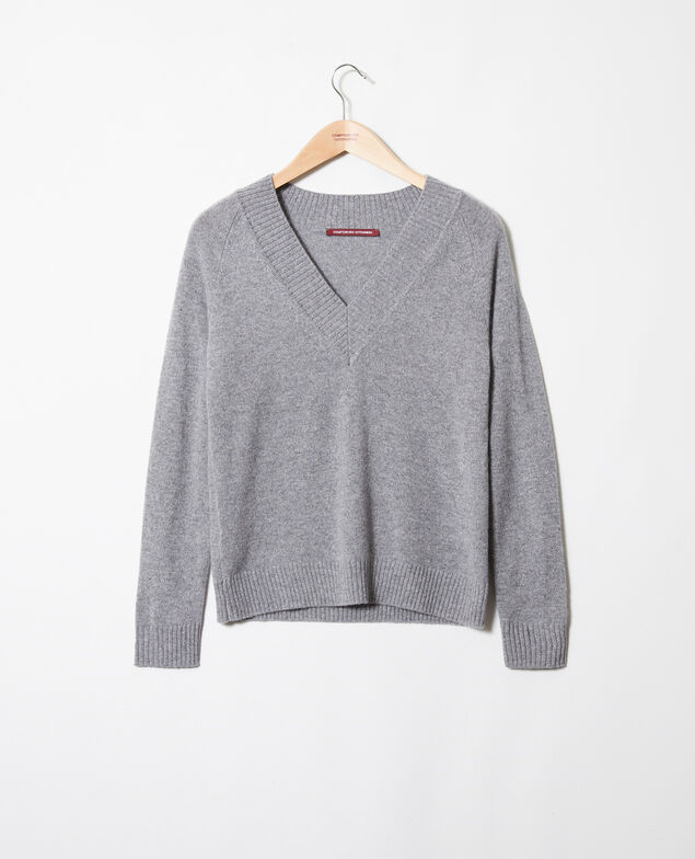 V-neck jumper with wide rib trim 100% cashmere Light grey