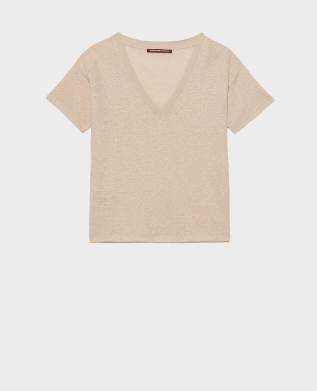 SARAH - Linen V-neck t-shirt Oxford tan