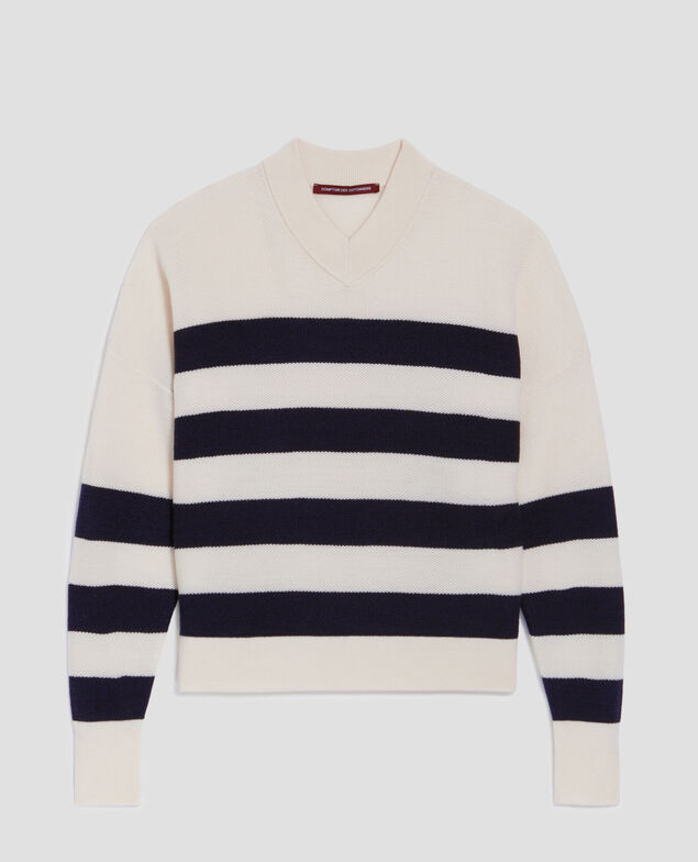 V-neck merino wool striped jumper J682 st ecru navy