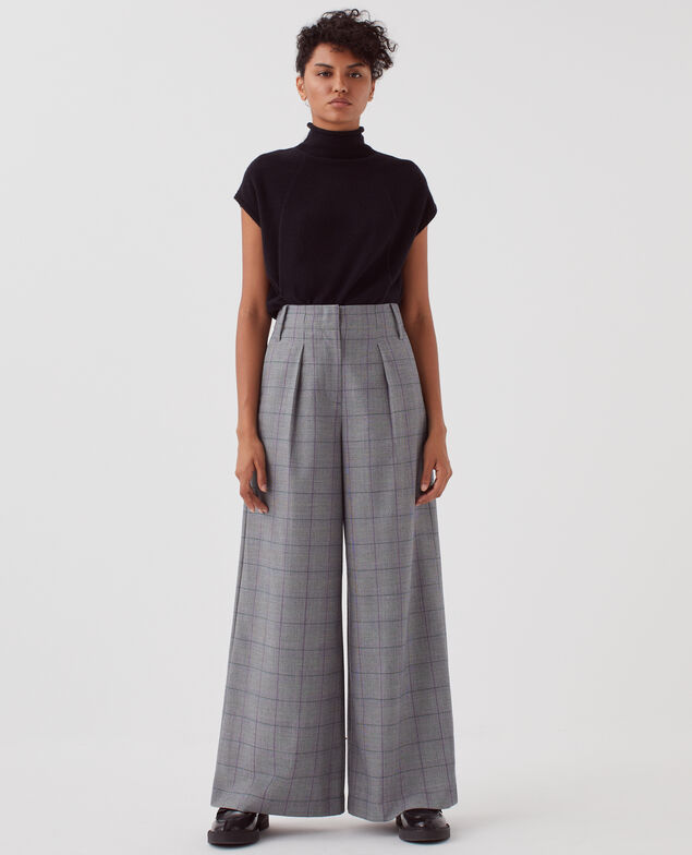 YVONNE - Pleated wide leg trousers I033 check grey