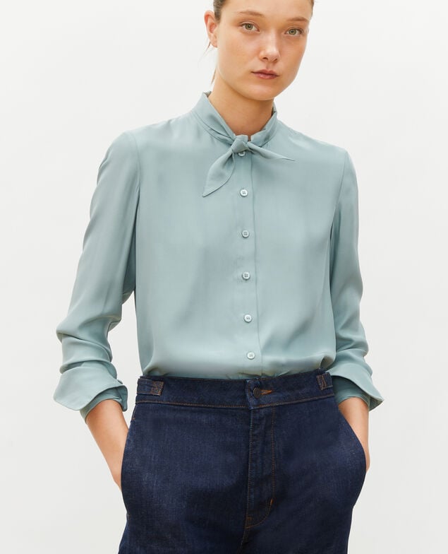  Long-sleeve tie neck silk blouse Chinois green
