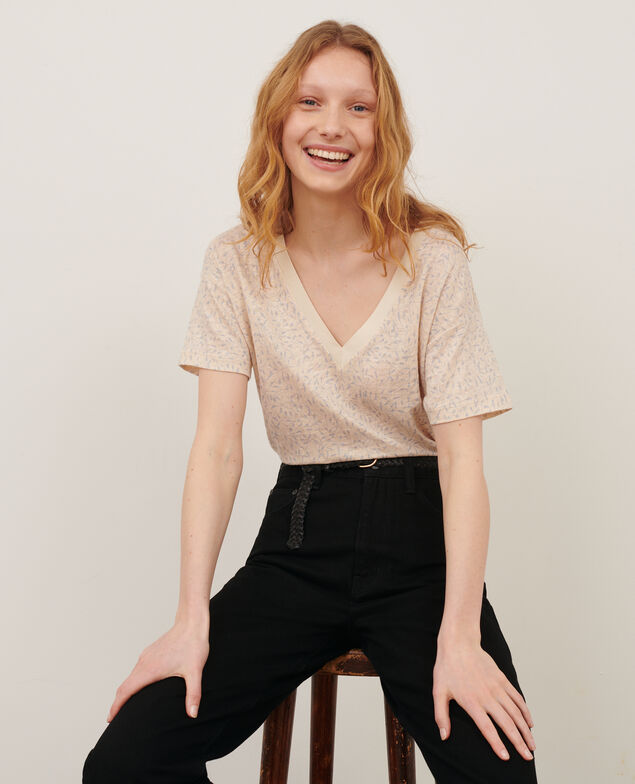 SARAH - Linen V-neck t-shirt 91 print white