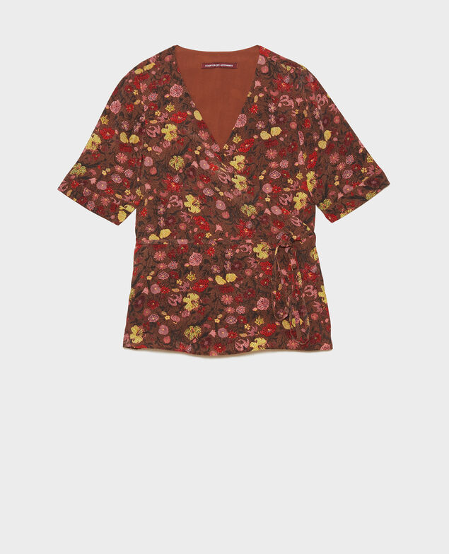  Floral silk wrap blouse Print eden tortoiseshell