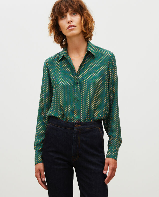  Long-sleeve silk men's shirt Little pois dark green