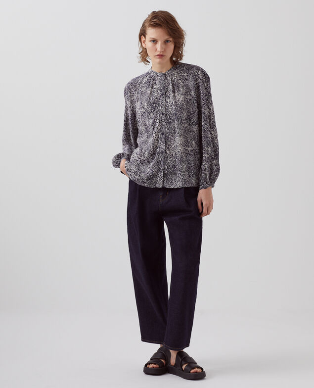 Long-sleeve silky blouse H690 micro fl navy