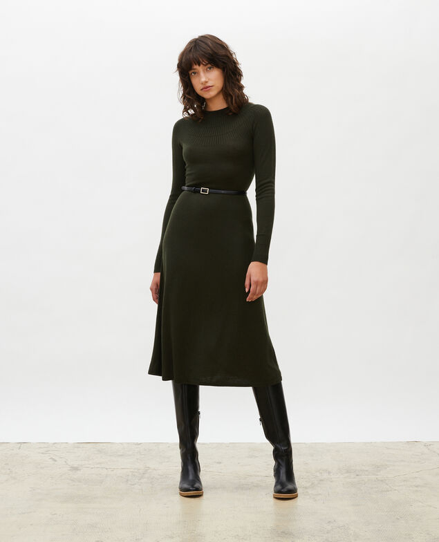 Round neck flared merino wool dress Military green