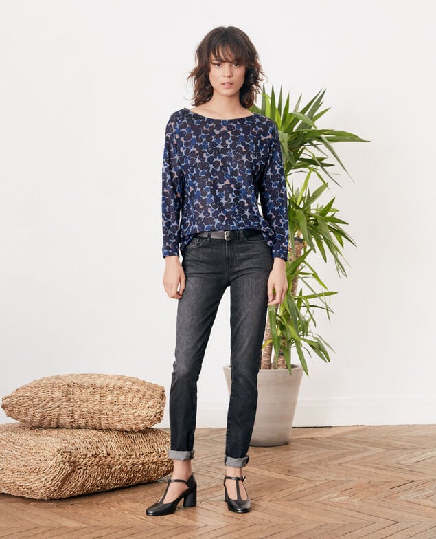 Printed linen T-shirt Blossom shadow indigo