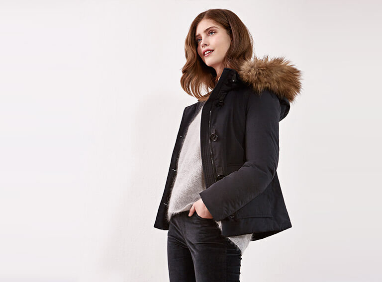 Look - Down jacket with removable faux fur, Mohair jumper