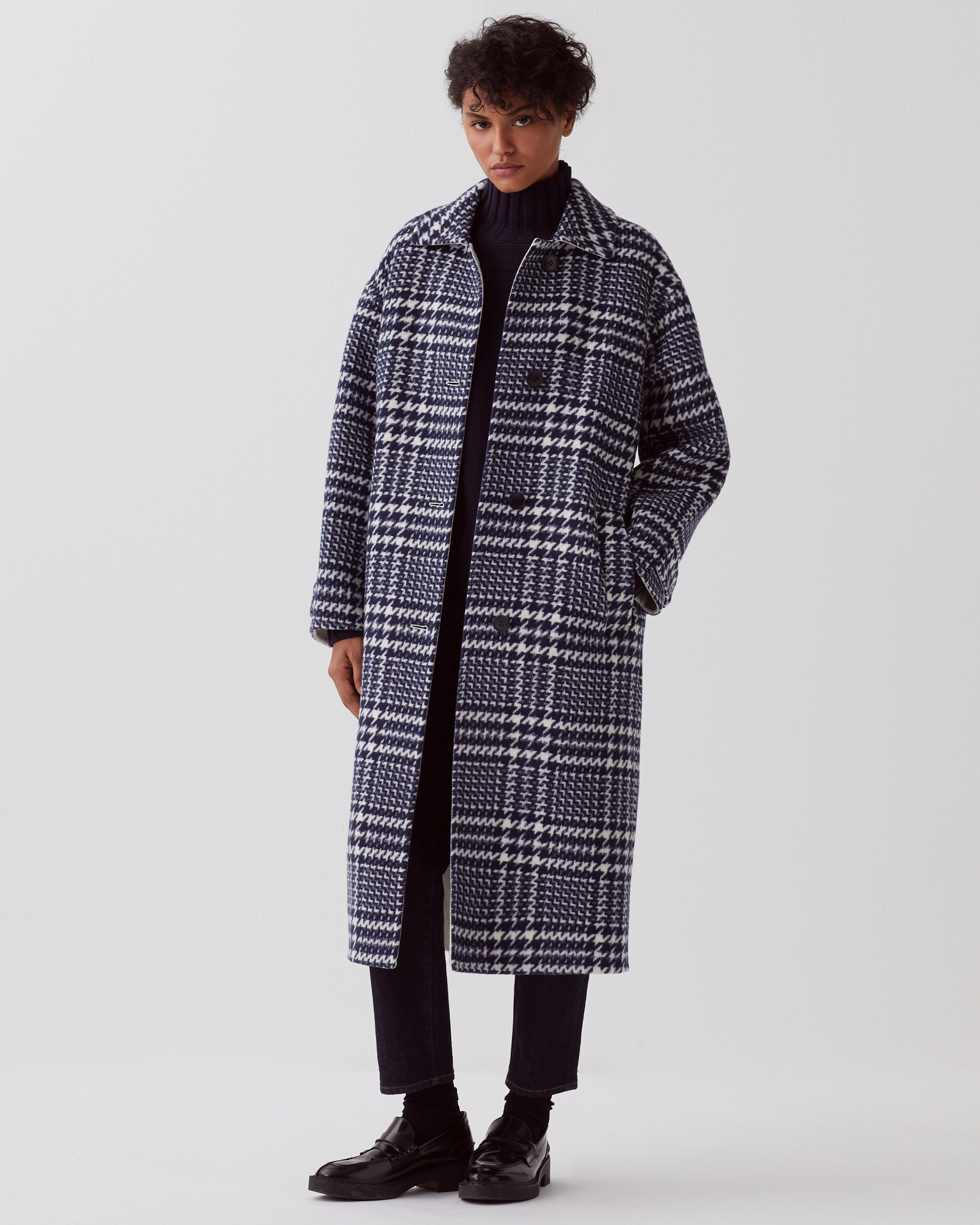 Long coat houndstooth ble - Comptoir des Cotonniers Long coat houndstooth ble - Comptoir des Cotonniers